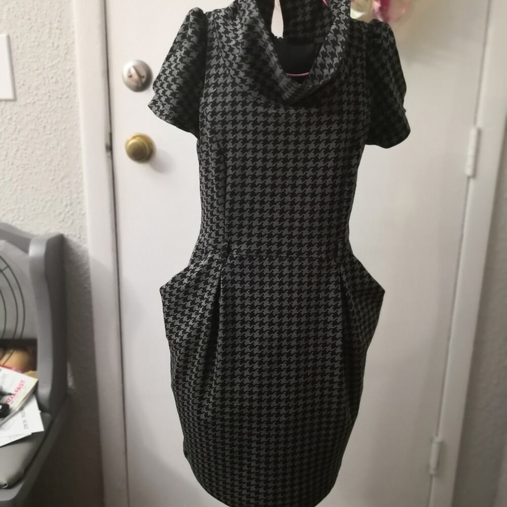 Lovely Day Houndstooth Cowl Neck Dress M Black/Gray Retrogirl Glam Menswear Edgy
